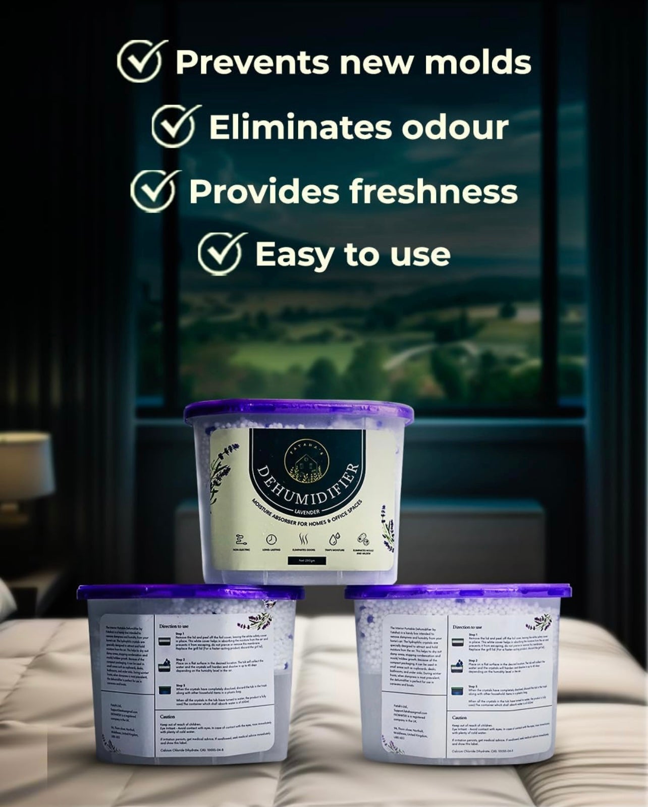 Fataha's Lavender Dehumidifier - 600ML- Effective Dampness Control, Mold Prevention, Odor control, Abrorbs Moisture - Ideal for Kitchen Bathrooms, Bedrooms, Closet, Long-Lasting Freshness! (Pack of 20)