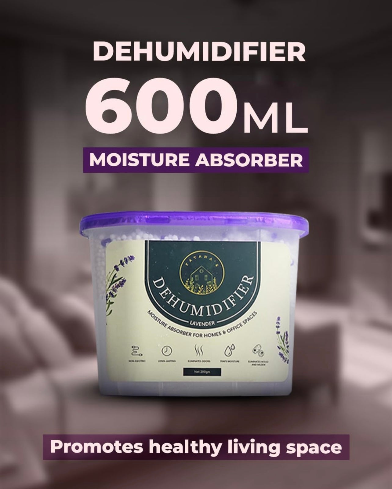 Fataha's Lavender Dehumidifier - 600ML- Effective Dampness Control, Mold Prevention, Odor control, Abrorbs Moisture - Ideal for Kitchen Bathrooms, Bedrooms, Closet, Long-Lasting Freshness! (Pack of 3)